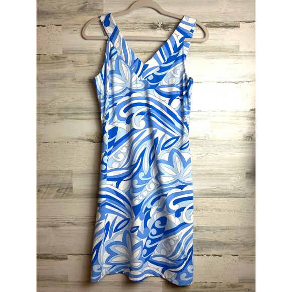 J. McLaughlin Women’s Small Blue White Abstract V-Neck Tank Stretch Mini Dress - Picture 1 of 6